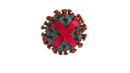 Teal coronavirus particle with red ribbon cross, isolated on transparent background