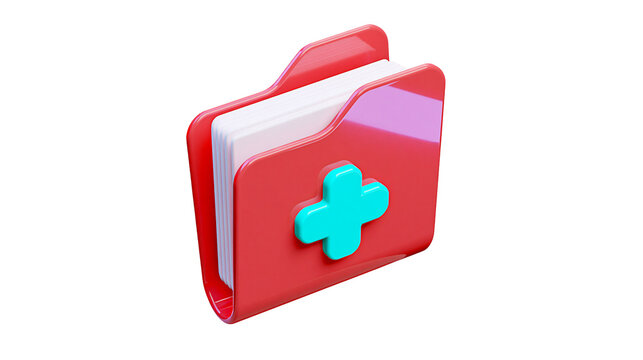 Red medical folder with turquoise cross symbol, isolated on transparent background