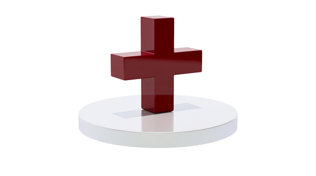 Shiny red plus symbol on a white circular platform, isolated on transparent background