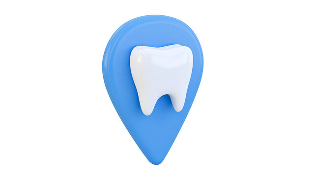 Glossy white tooth icon on a blue location pin, isolated on transparent background