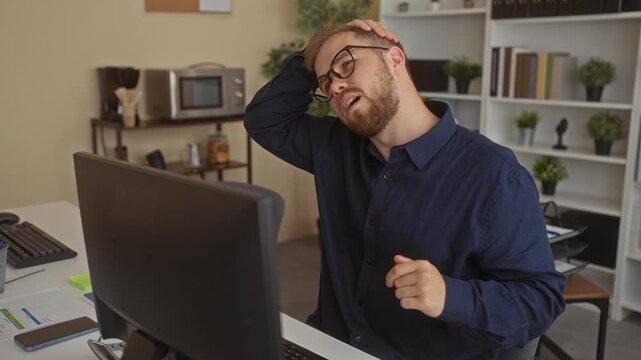 Man seated at office desk touching head with hand beside computer monitor and smartphone, wearing glasses and shirt in building; work fatigue.