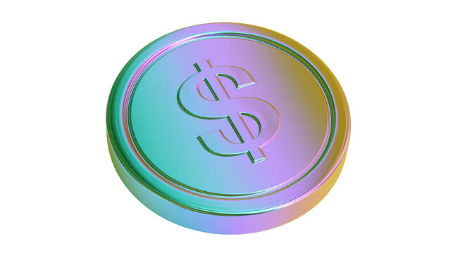 Iridescent metallic coin with dollar symbol, isolated on transparent background