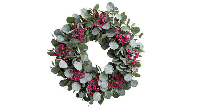 Eucalyptus and pink berry wreath, natural organic decoration isolated on transparent background