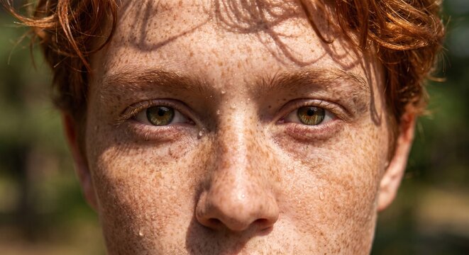 Close-up of a freckled redheaded man's face with green eyes and sweat droplets on his skin looking directly at the camera