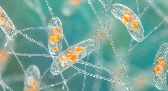 Microscopic single celled protozoa organisms containing orange organelles trapped in a network of delicate transparent filaments for biological and scientific research