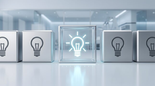 Glowing light bulb icon stands out on illuminated cube