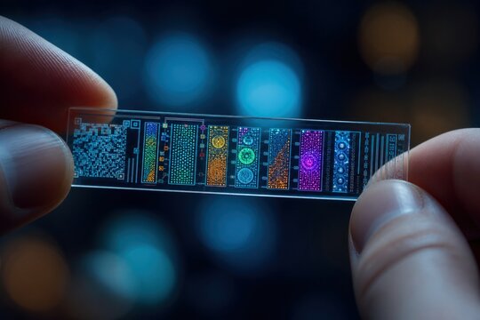 Human fingers holding a transparent microfluidic biochip with glowing colorful patterns representing advanced nanotechnology, biotechnology research, and scientific diagnostics