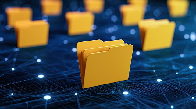 Digital folders organized on a glowing blue network grid, representing data storage