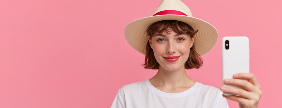 Smiling young woman holding smartphone with blank white screen. Female in straw hat showing mobile phone display on pink background. Mockup template for promotion