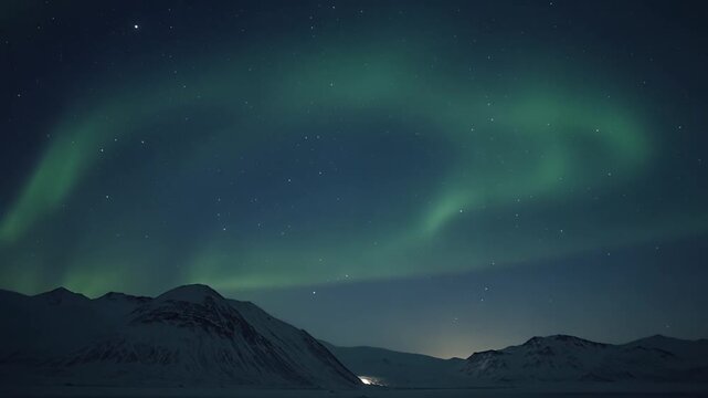 Green aurora borealis dancing over snowy mountains under starry night sky