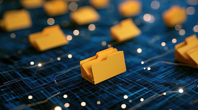 Digital data organization with glowing circuits and scattered folders