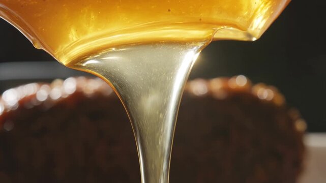 Golden honey flowing and dripping in slow motion, glossy amber macro texture