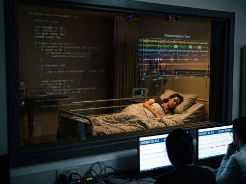 Polysomnography data reflected on glass window during advanced sleep research.