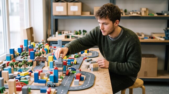 Young man building a colorful toy city with wooden blocks and miniature vehicles in a workshop