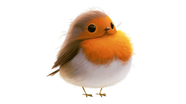 Fluffy cartoon robin bird with orange chest, isolated on transparent background