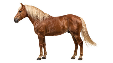 Brown horse with blonde mane standing isolated on transparent background png high resolution profile view. © Png ProTeam