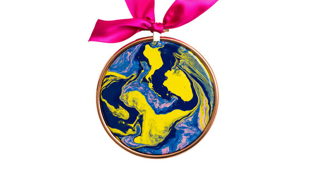 Round marbled ornament with pink ribbon, isolated on transparent background