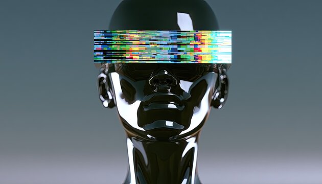 Sleek, dark robot head with a glitchy, colorful band across its eyes