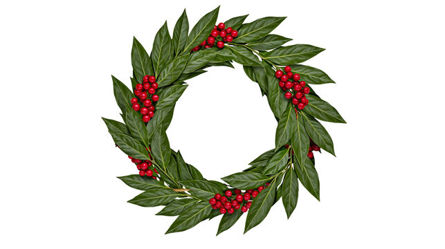 Circular wreath of glossy green leaves and bright red berries, isolated on transparent background