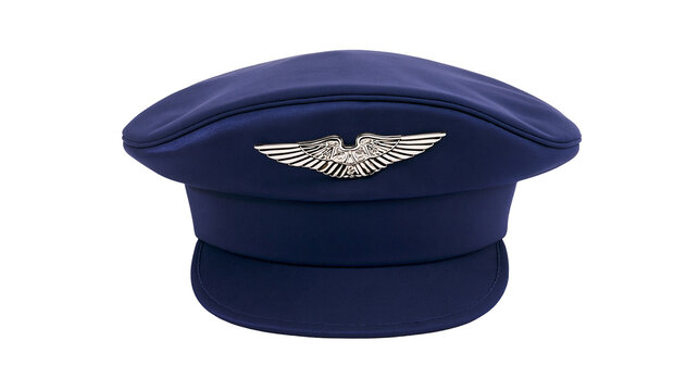 Dark blue pilot cap with silver wings emblem, isolated on transparent background