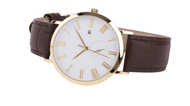 Gold analog wristwatch with white face and Roman numerals brown leather strap, isolated on transparent background
