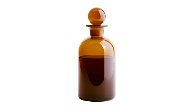 Amber glass apothecary bottle with stopper filled with dark liquid, isolated on transparent background