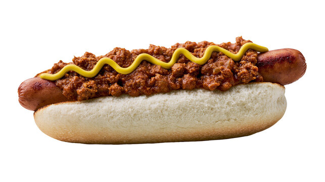 Hearty chili dog with yellow mustard squiggle, isolated on transparent background