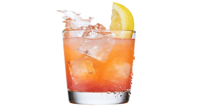 Refreshing pink and orange cocktail with ice and lemon slice, isolated on transparent background