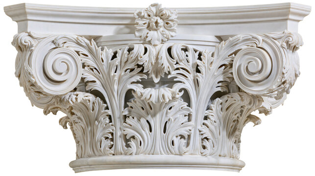 Ornate white marble Corinthian capital with acanthus leaves and volutes, isolated on transparent background