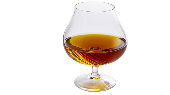 Clear glass snifter filled with amber brandy, isolated on transparent background