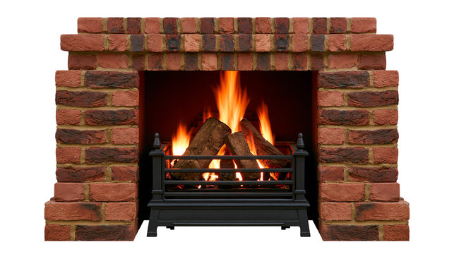 Burning logs in a brick fireplace with a black grate, isolated on transparent background