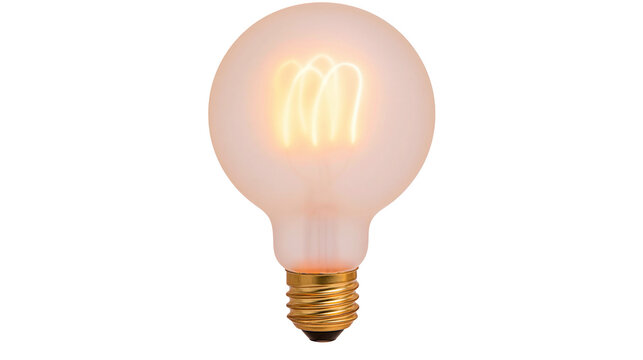 Frosted globe Edison light bulb with glowing filament, isolated on transparent background
