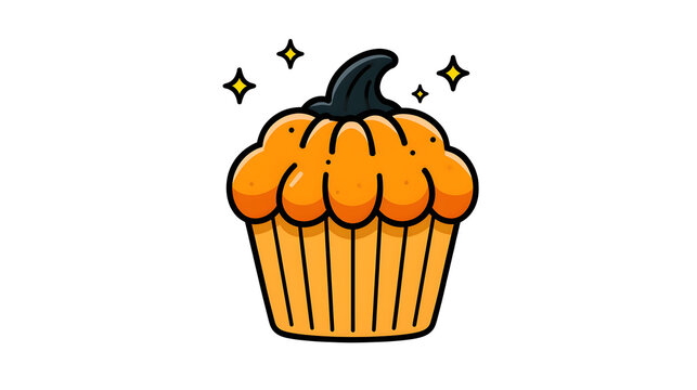 halloween cupcake with tiny sparkles around it, halloween decoration, flat vector illustration, clean bold outlines, minimal shading, isolated on white background