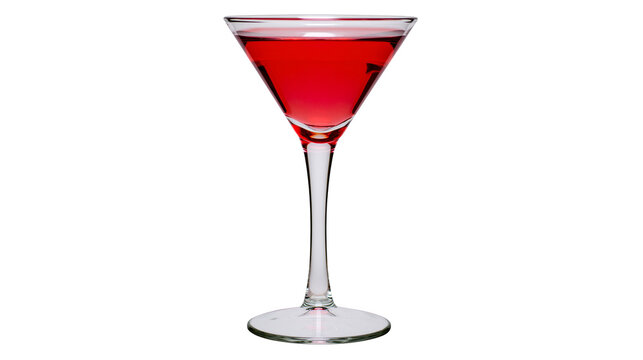 Clear glass martini glass filled with red liquid, isolated on transparent background