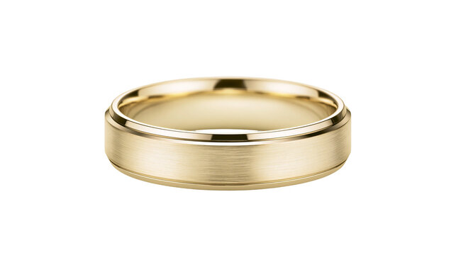 Brushed yellow gold wedding band with polished edges, isolated on transparent background