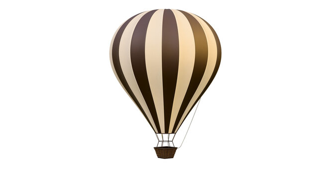 Brown and beige striped hot air balloon with wicker basket, isolated on transparent background