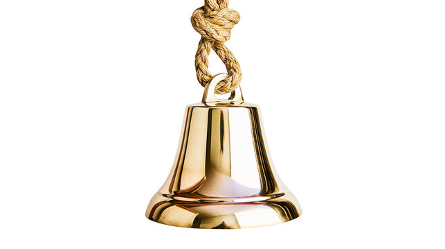 Polished brass ship bell with thick rope knot, isolated on transparent background