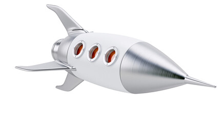 Retro white and silver rocket ship with circular windows, isolated on transparent background © Nolan