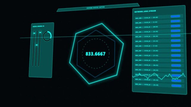 A futuristic digital heads-up display interface featuring a glowing blue hexagon, data charts, and fluctuating numbers on a dark background.