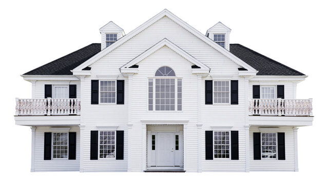 Grand white colonial house with black shutters and balconies, isolated on transparent background