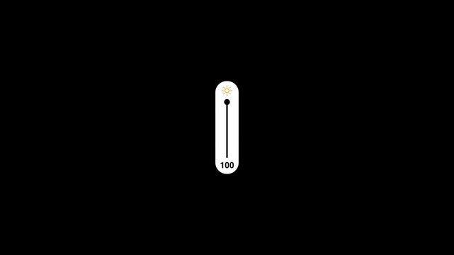 Increasing brightness  adjustment bar animation on black background, brightness animation  for light intensity adjustment, Brightness bar increasing from zero percent to hundred percent. 