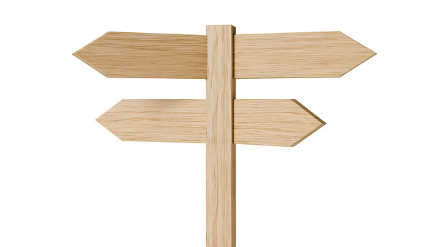 Wooden directional signpost with four arrow-shaped signs, isolated on transparent background