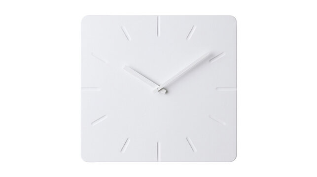Minimalist white square clock with thin hands, isolated on transparent background