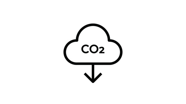 Black outline CO2 cloud icon with downward arrow, isolated on transparent background