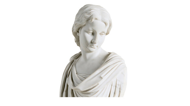 Classical white marble bust of a young woman with draped clothing, isolated on transparent background