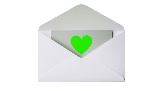 Open white envelope with a bright green heart symbol on a gray card, isolated on transparent background