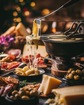 Melting cheese dip fondue with meat and olive snacks