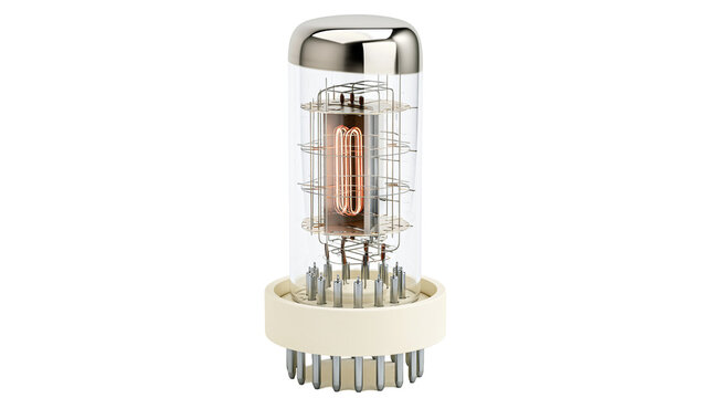 Vintage Nixie tube with glowing filament and metal cap, isolated on transparent background