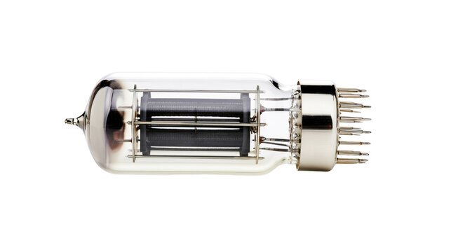 Vacuum tube with metal pins and internal grid structure, isolated on transparent background