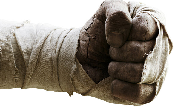 Cracked wooden fist with rough fabric bandages, isolated on transparent background